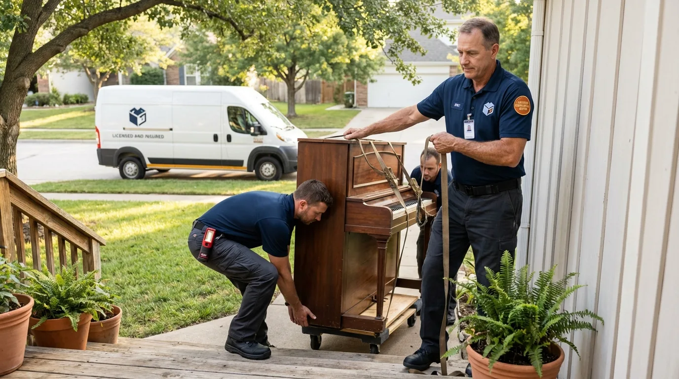 Licensed piano movers securing grand piano in Hudson Falls, NY