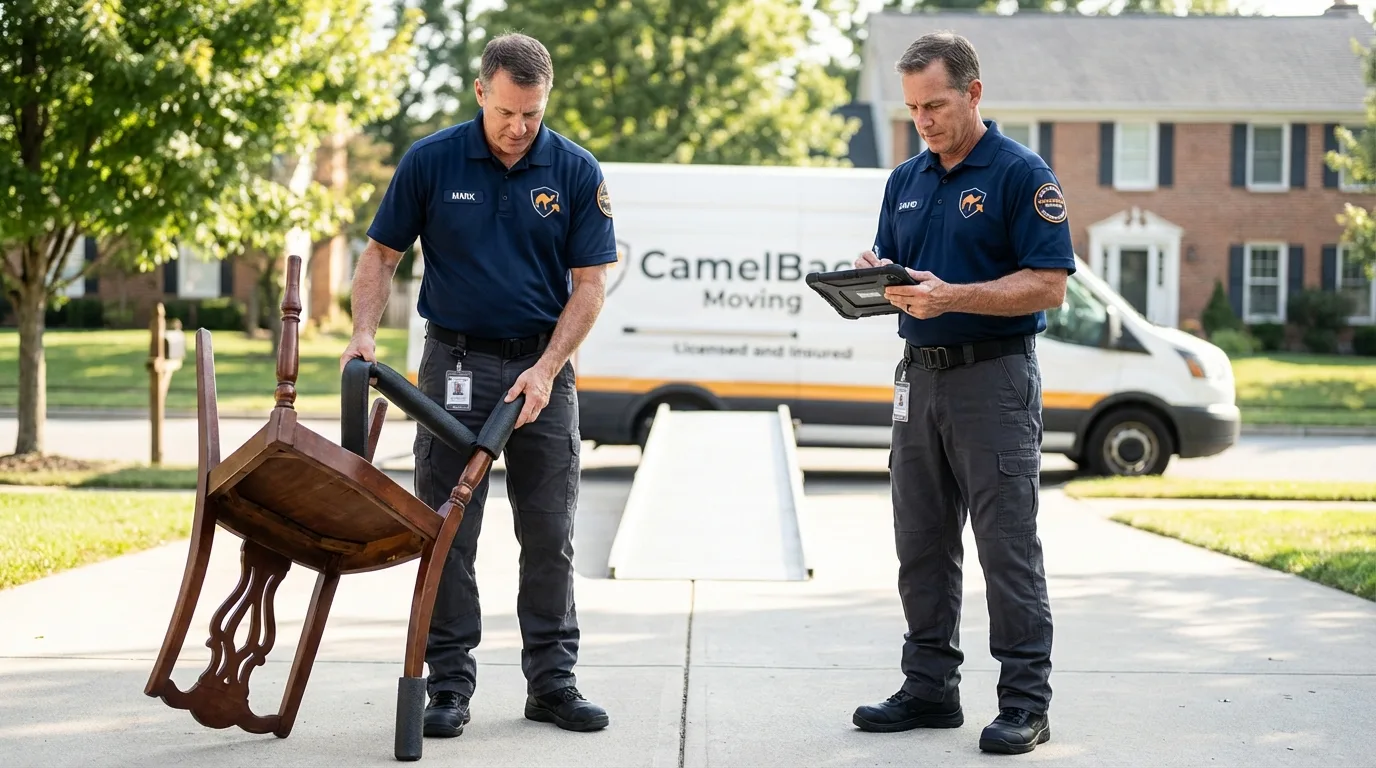 Movers inspecting furniture for damage prevention before loading in Hudson Falls, NY